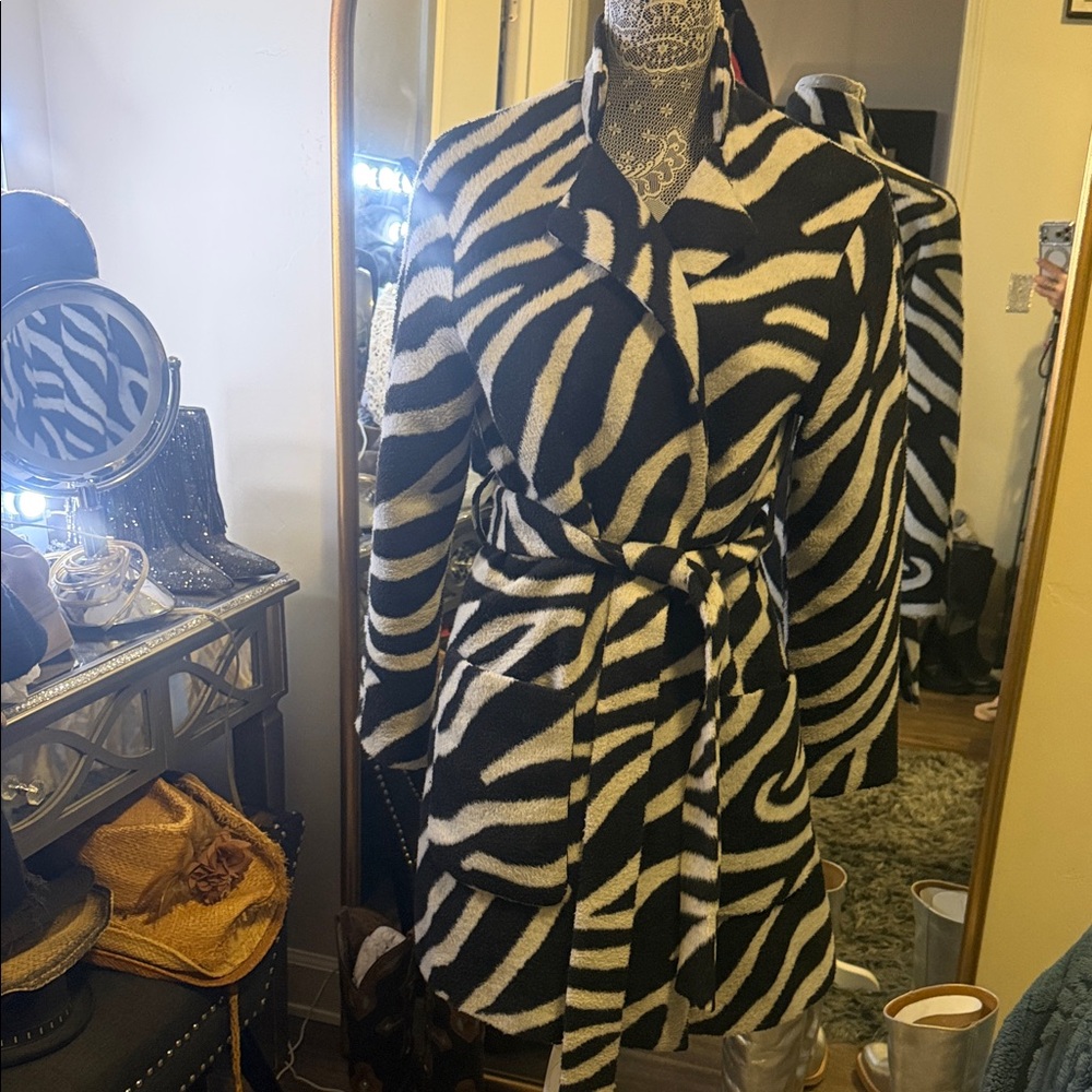 Zebra Print Belted Coat. Jones, New York.